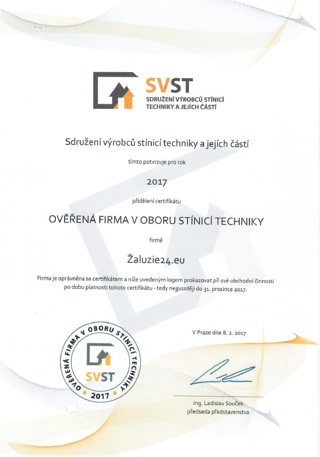 certifikát ověřená firma v oboru stínící techniky žaluzie24 2017